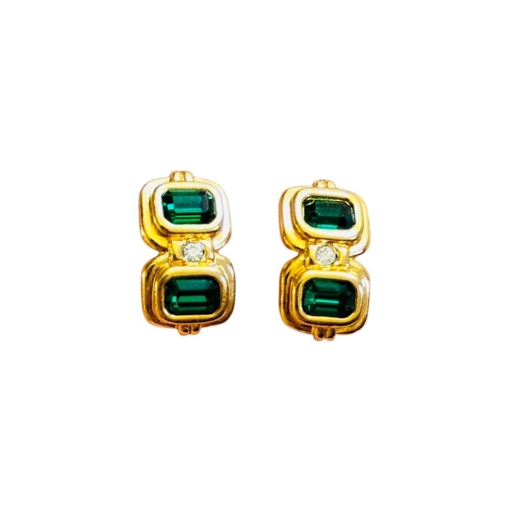 Cuff Faux Green Emerald Crystal Earrings VTG Style Regal Rhinestone Clip 90s
